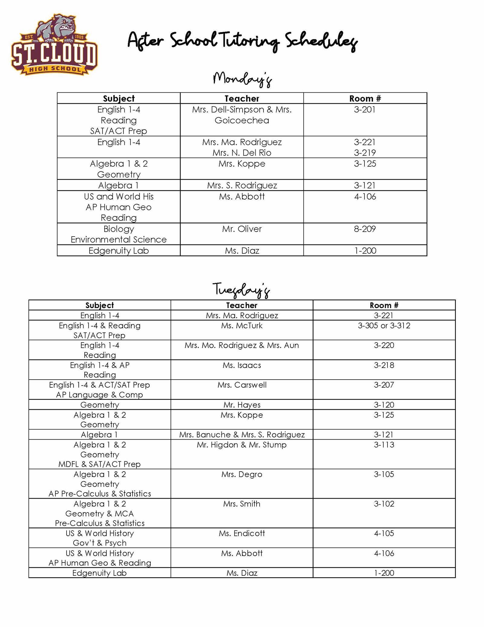  Flyer that says After School Tutoring Schedules